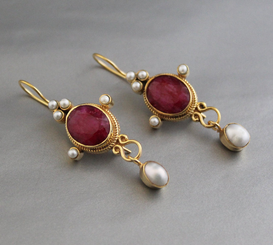 Ruby and Pearl Gold Earrings, Edwardian Art Nouveau Style