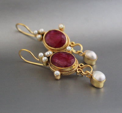 Ruby and Pearl Gold Earrings, Edwardian Art Nouveau Style, photo 7