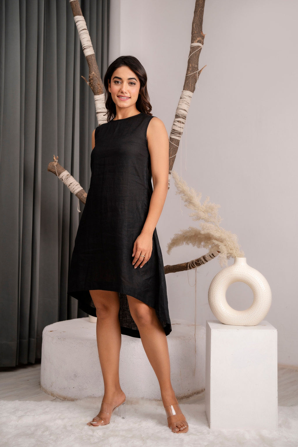 Black Linen Sleeveless Dress: Oversized Tunic, Loose Linen Dress, Washed Linen Dress