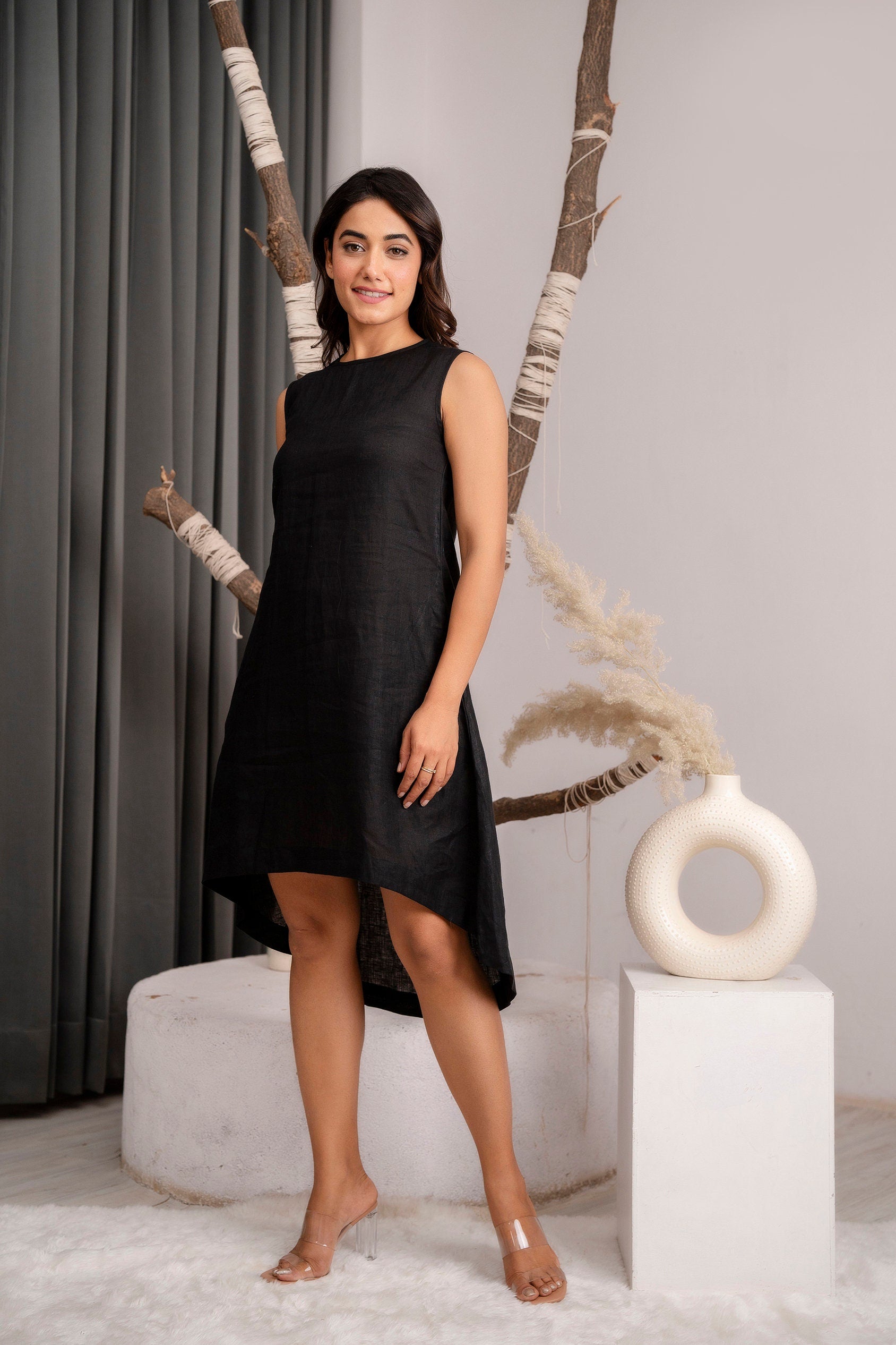 Black Linen Sleeveless Dress: Oversized Tunic, Loose Linen Dress, Washed Linen Dress
