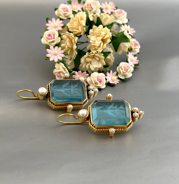 Blue Intaglio Crystal Earrings, Roman Cameo Style, Oxidized Gold