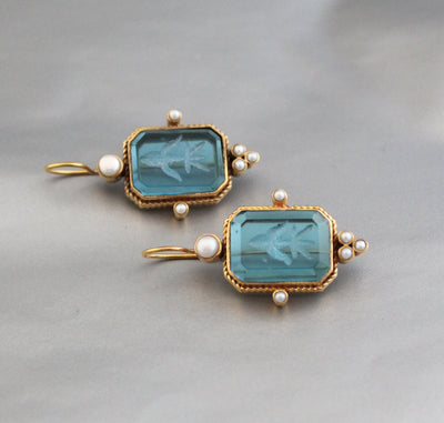 Blue Intaglio Crystal Earrings, Roman Cameo Style, Oxidized Gold, photo 4