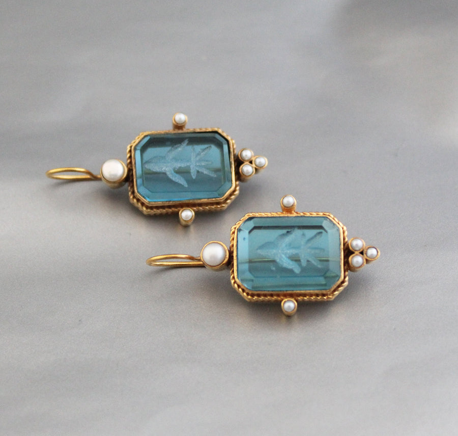 Blue Intaglio Crystal Earrings, Roman Cameo Style, Oxidized Gold, photo 4