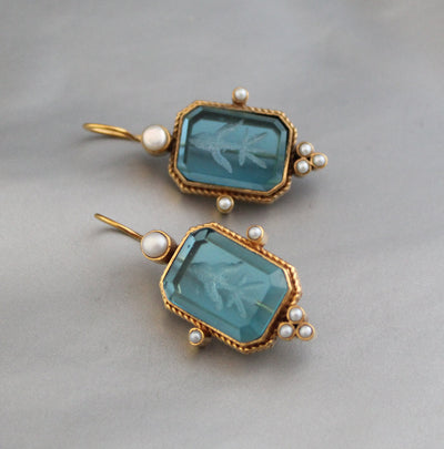 Blue Intaglio Crystal Earrings, Roman Cameo Style, Oxidized Gold, photo 6