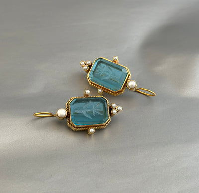 Blue Intaglio Crystal Earrings, Roman Cameo Style, Oxidized Gold, photo 8