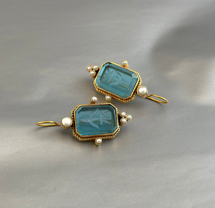Blue Intaglio Crystal Earrings, Roman Cameo Style, Oxidized Gold, photo 8
