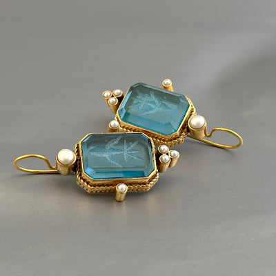 Blue Intaglio Crystal Earrings, Roman Cameo Style, Oxidized Gold, photo 2