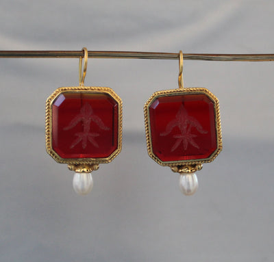 Red Glass Intaglio Hoop Earrings, Victorian Style, 14K Gold with Pearl, photo 2
