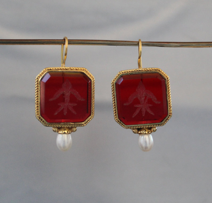 Red Glass Intaglio Hoop Earrings, Victorian Style, 14K Gold with Pearl, photo 2