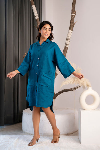 Teal Linen Tunic Top: Long Sleeve Oversized Shirt with Pockets