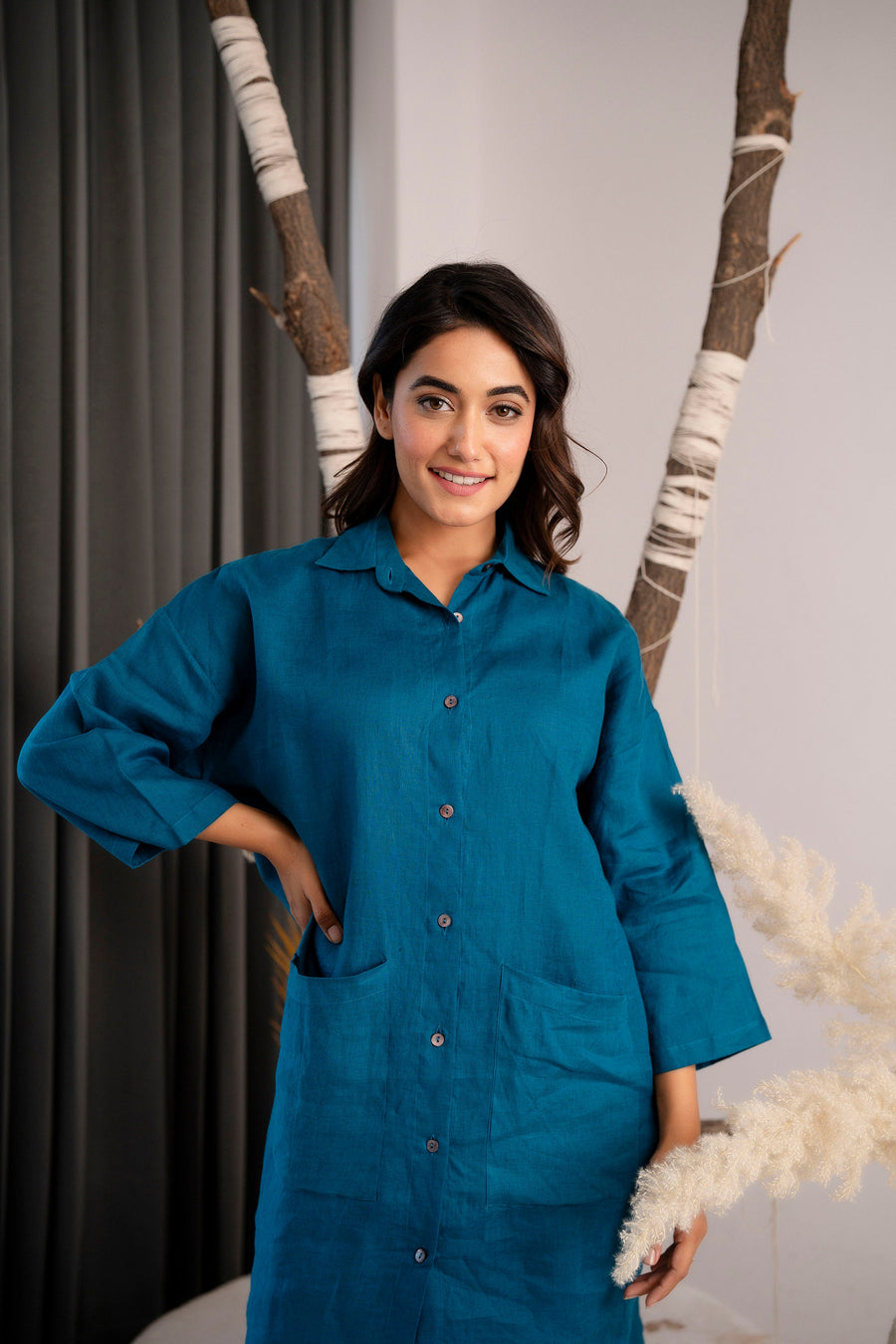 Teal Linen Tunic Top: Long Sleeve Oversized Shirt with Pockets