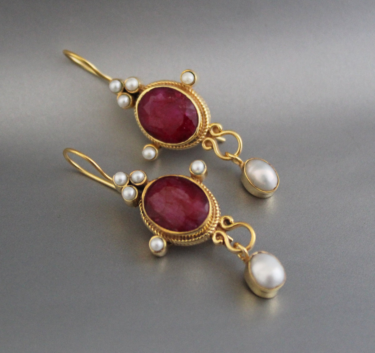 Ruby and Pearl Gold Earrings, Edwardian Art Nouveau Style, photo 6