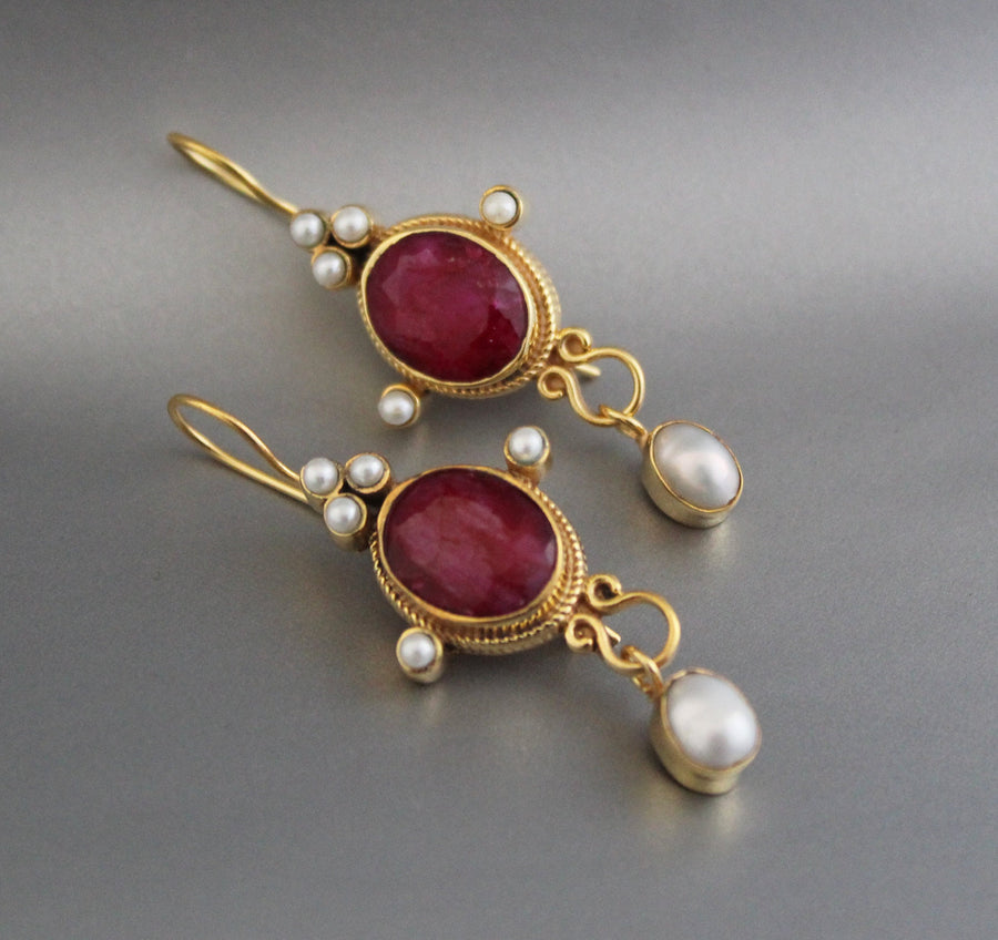 Ruby and Pearl Gold Earrings, Edwardian Art Nouveau Style, photo 6