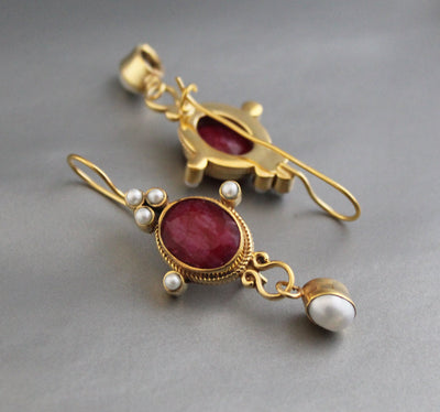 Ruby and Pearl Gold Earrings, Edwardian Art Nouveau Style, photo 8