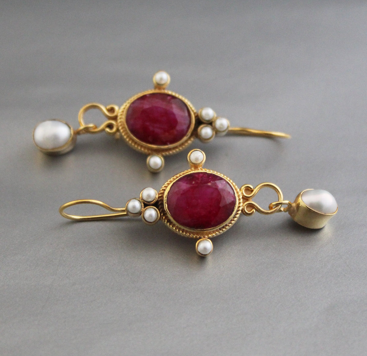 Ruby and Pearl Gold Earrings, Edwardian Art Nouveau Style, photo 5