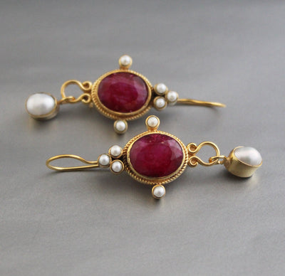 Ruby and Pearl Gold Earrings, Edwardian Art Nouveau Style, photo 5
