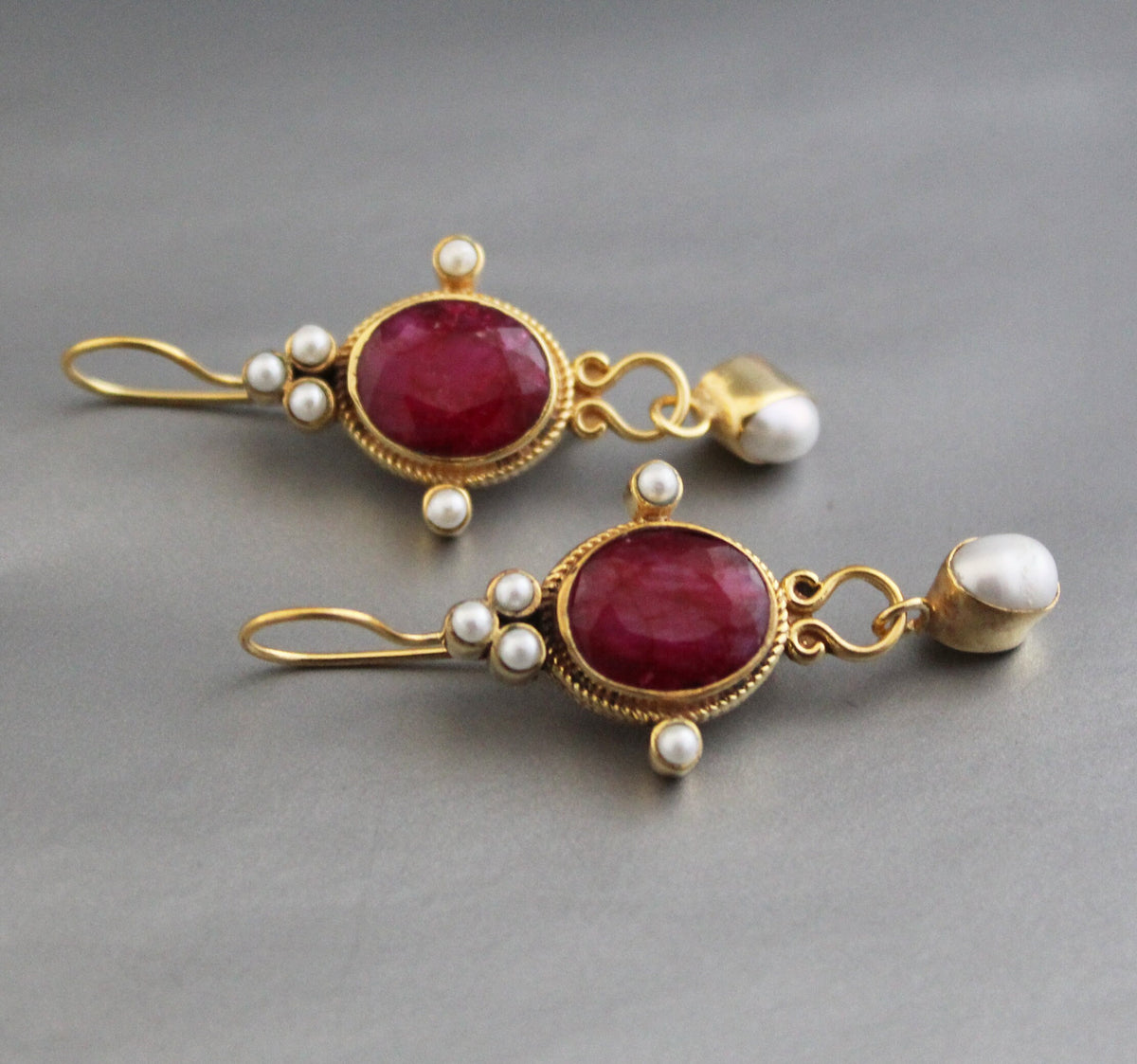 Ruby and Pearl Gold Earrings, Edwardian Art Nouveau Style, photo 9