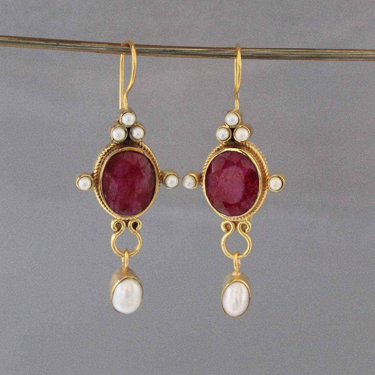 Ruby and Pearl Gold Earrings, Edwardian Art Nouveau Style, photo 4