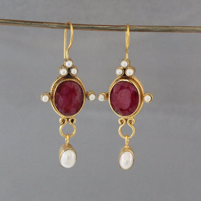 Ruby and Pearl Gold Earrings, Edwardian Art Nouveau Style, photo 4