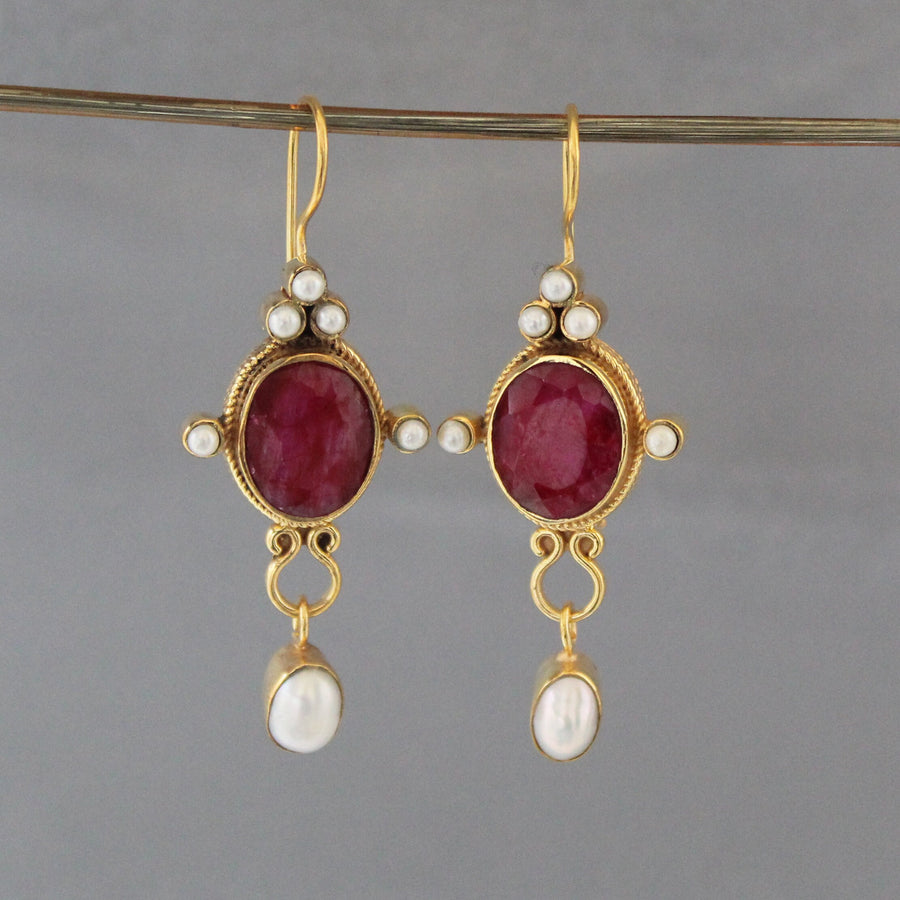 Ruby and Pearl Gold Earrings, Edwardian Art Nouveau Style, photo 4