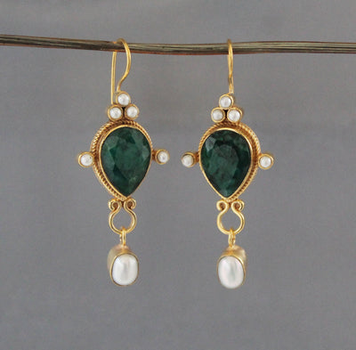 Emerald Earrings, Edwardian Style, Gold