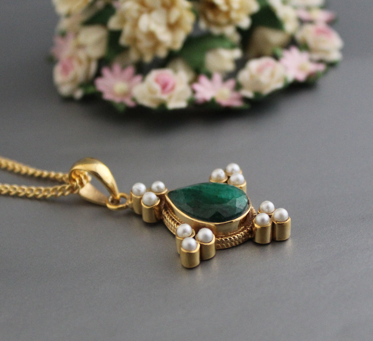 Emerald and Pearl Necklace, Antique Victorian Gold Pendant, photo 4