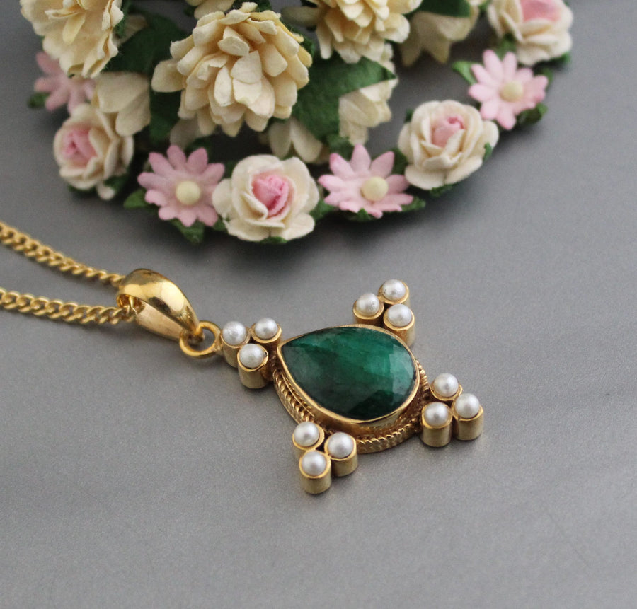 Emerald and Pearl Necklace, Antique Victorian Gold Pendant