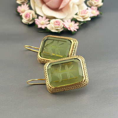 Green Glass Intaglio Earrings, Edwardian Art Deco Style, 18K Gold, photo 7