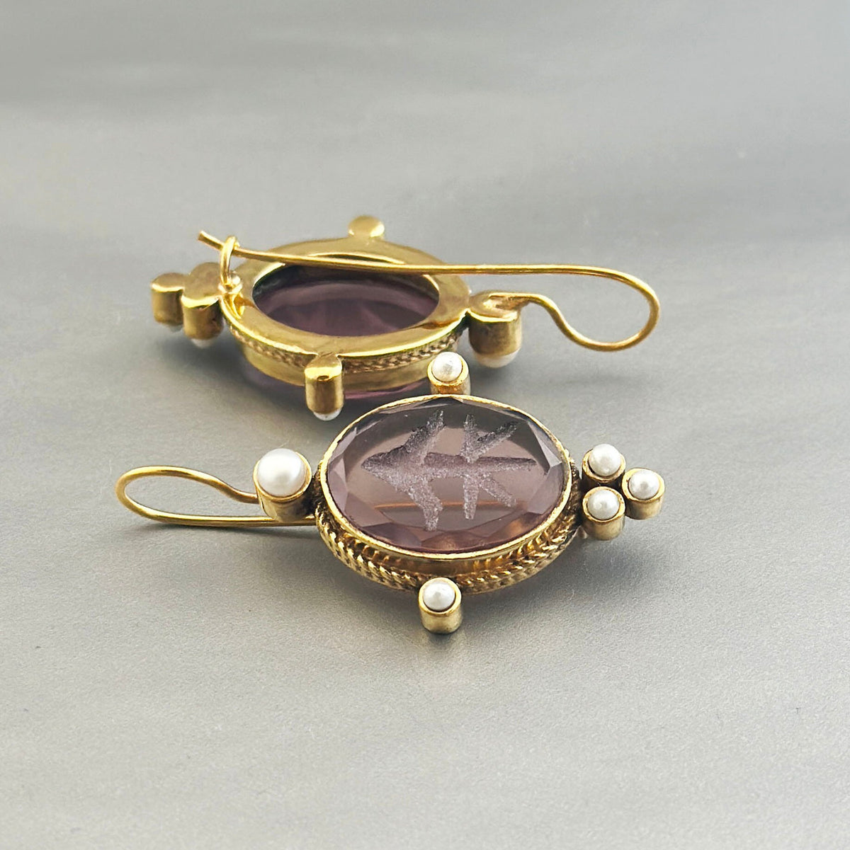 Amethyst Intaglio Earrings, Victorian Bridal Pearl Drops, photo 5