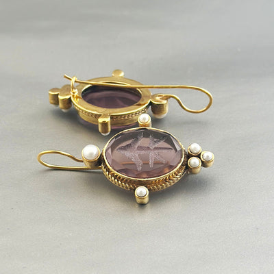 Amethyst Intaglio Earrings, Victorian Bridal Pearl Drops, photo 5