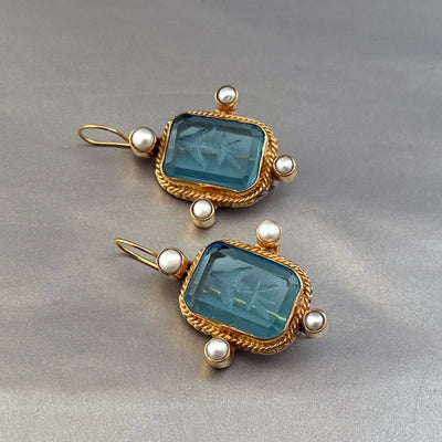 Blue Rectangular Intaglio Earrings, Something Blue Bridal, Gold Plated, photo 7