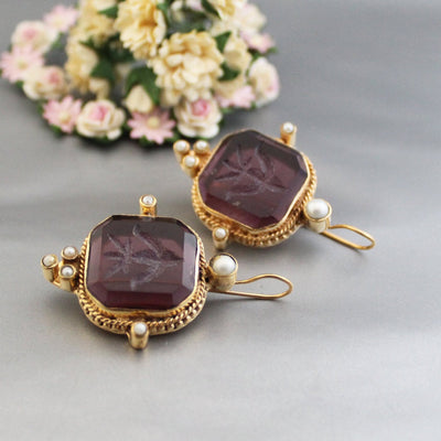 Purple Intaglio Glass Earrings, Victorian Style, Brass with Pearls