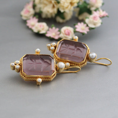 Purple Glass Intaglio Earrings, Art Deco Style, 14K Gold Plated, photo 2