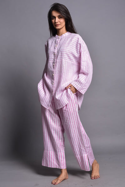 Striped Linen Pajama Set, Wide Trousers, photo 2