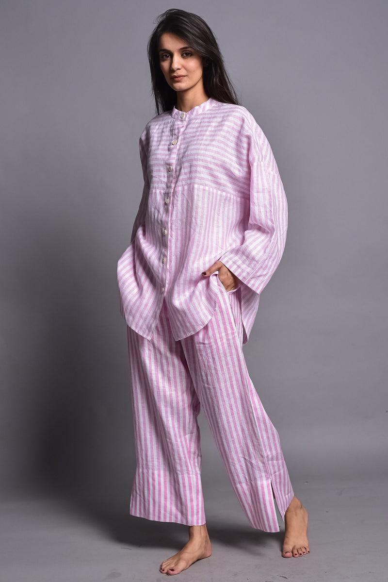Striped Linen Pajama Set, Wide Trousers, photo 2