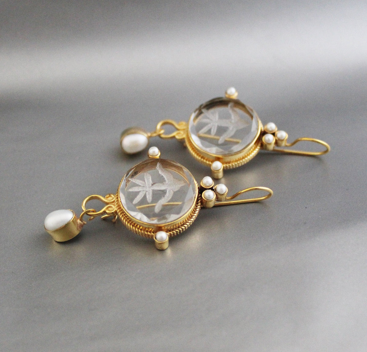 Clear Crystal Intaglio Earrings, Handcrafted Vintage Style, photo 2