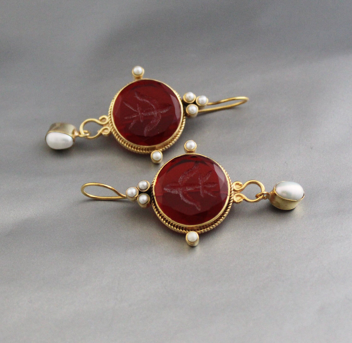 Red Intaglio Crystal Earrings, Vintage Style, 18K Gold Filled, photo 2