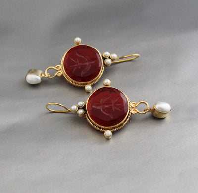 Red Intaglio Crystal Earrings, Vintage Style, 18K Gold Filled, photo 2
