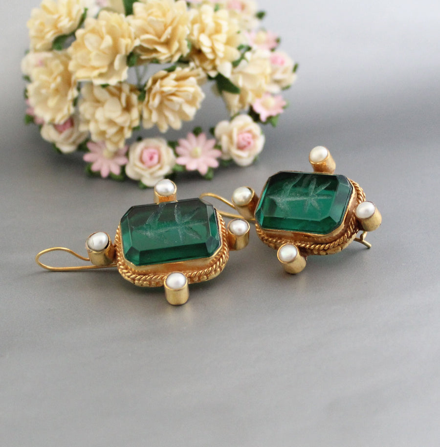 Intaglio Glass Earrings, Art Nouveau Style, Brass and Pearl, photo 5