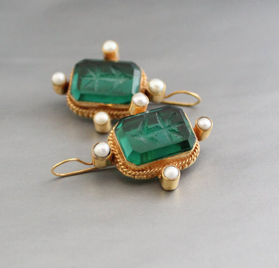 Intaglio Glass Earrings, Art Nouveau Style, Brass and Pearl, photo 7