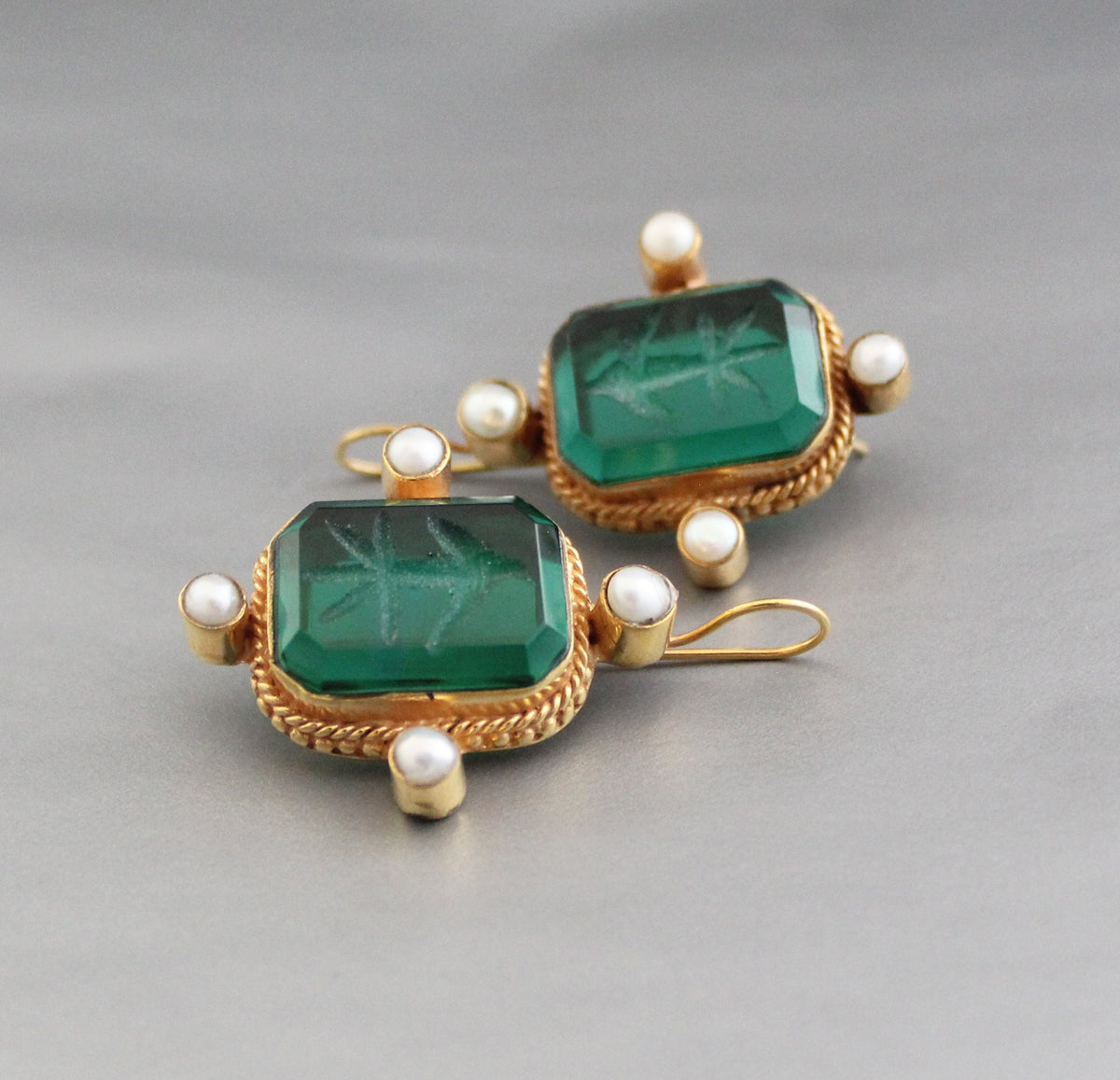 Intaglio Glass Earrings, Art Nouveau Style, Brass and Pearl, photo 12