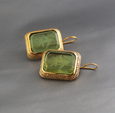 Green Glass Intaglio Drop Earrings, Victorian Art Deco, 18K Gold Vermeil, photo 2