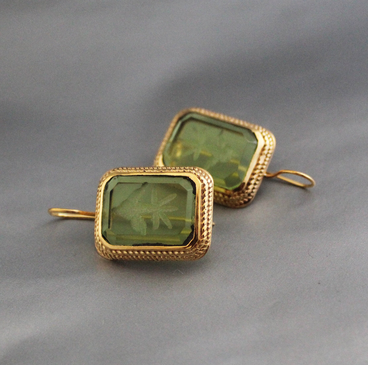 Green Glass Intaglio Drop Earrings, Victorian Art Deco, 18K Gold Vermeil, photo 6