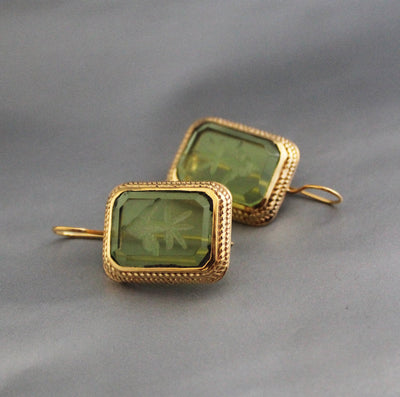Green Glass Intaglio Drop Earrings, Victorian Art Deco, 18K Gold Vermeil, photo 6
