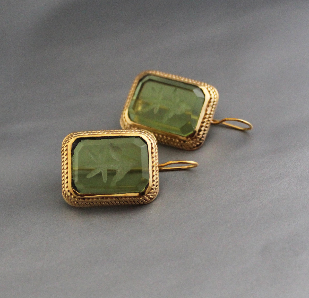 Green Glass Intaglio Drop Earrings, Victorian Art Deco, 18K Gold Vermeil, photo 7