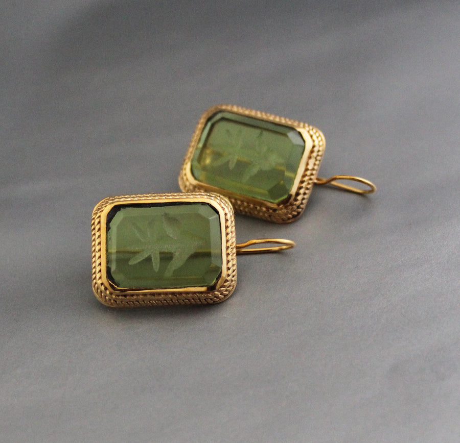 Green Glass Intaglio Drop Earrings, Victorian Art Deco, 18K Gold Vermeil, photo 7