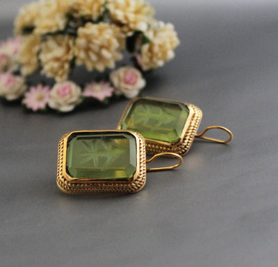 Green Glass Intaglio Drop Earrings, Victorian Art Deco, 18K Gold Vermeil, photo 5