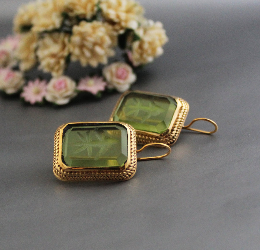 Green Glass Intaglio Drop Earrings, Victorian Art Deco, 18K Gold Vermeil, photo 5