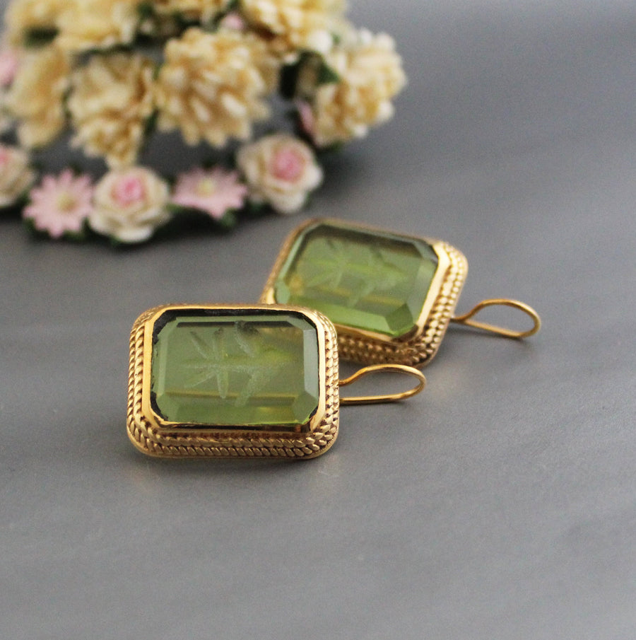 Green Glass Intaglio Drop Earrings, Victorian Art Deco, 18K Gold Vermeil