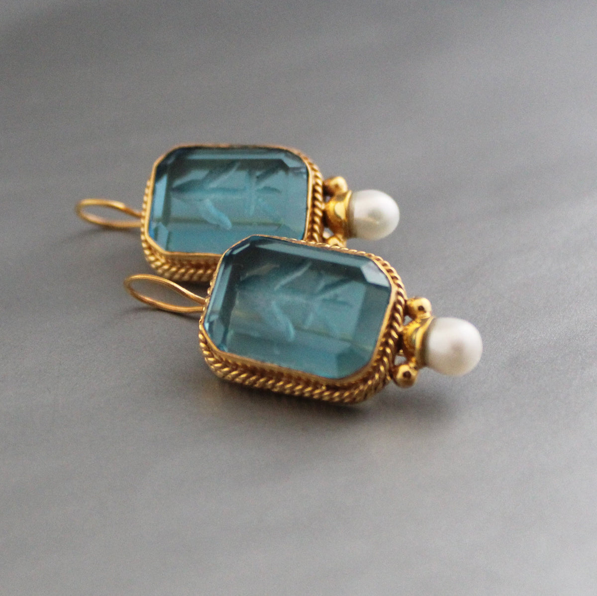 Blue Glass Intaglio Earrings, Victorian Pearl Style, 18K Gold Vermeil, photo 11